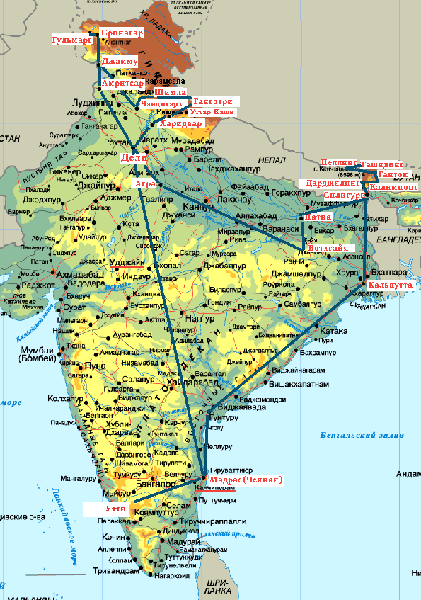 Карта маршрута по Индии